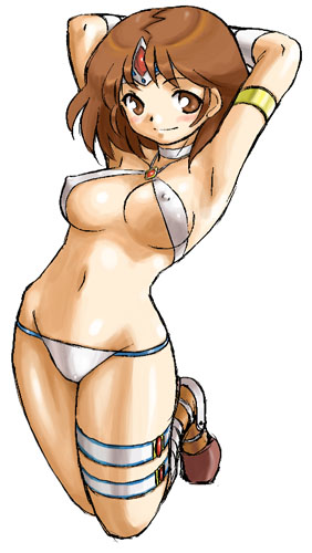 1girl bikini blush breasts breath_of_fire breath_of_fire_ii cleavage covered_erect_nipples crown dr.p female_focus hat lowres seny shaman short_hair solo swimsuit white_background