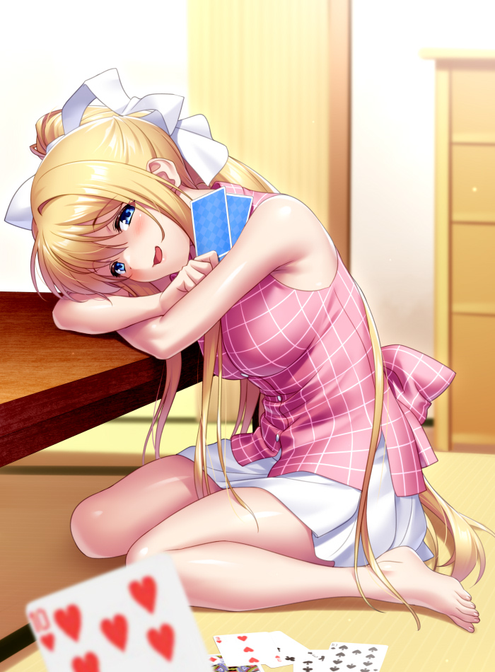 1girl 1other air_(visual_novel) barefoot blonde_hair blue_eyes blurry breasts card crossed_arms depth_of_field hair_spread_out kamio_misuzu long_hair medium_breasts old_maid pink_shirt playing_card playing_games ponytail pov shirt sitting skirt sleeveless sleeveless_shirt table ten_of_hearts ten_of_spades three_of_hearts wariza white_skirt zen_(kamuro)