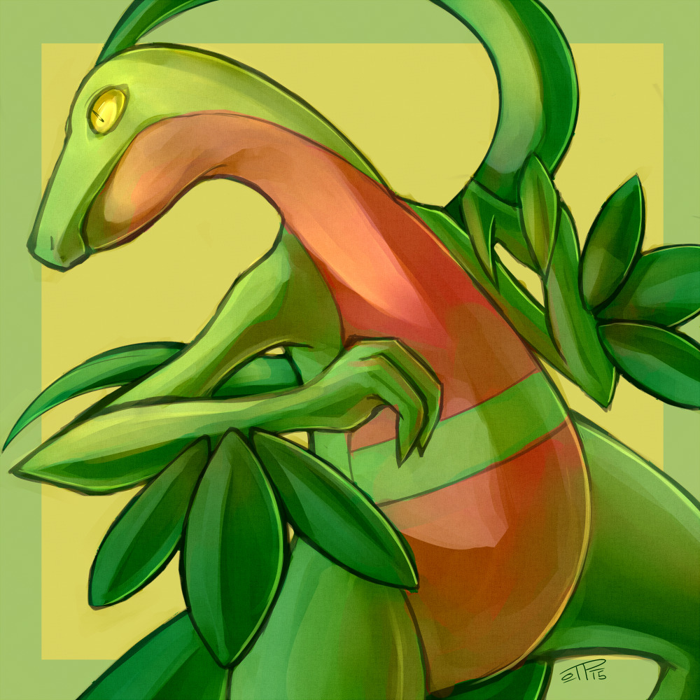 colored_skin gen_3_pokemon green_skin grovyle j3rry1ce looking_to_the_side multicolored_skin nintendo no_humans pokemon pokemon_(creature) red_skin signature solo two-tone_skin yellow_eyes