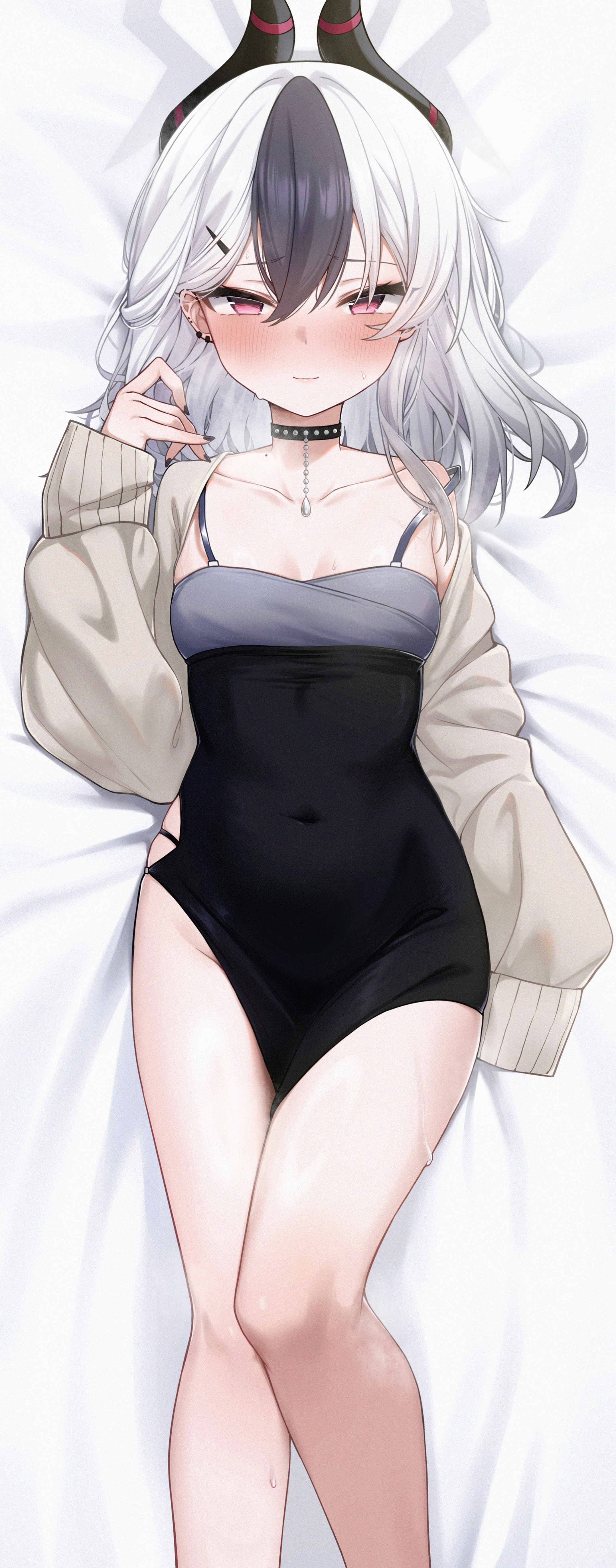 1girl absurdres bed_sheet black_choker black_dress black_hair black_horns black_nails blue_archive blush breasts cardigan choker commentary covered_navel dakimakura_(medium) demon_horns dress ear_piercing fingernails grey_cardigan grey_halo hair_between_eyes halo hand_up highres horns kayoko_(blue_archive) kayoko_(dress)_(blue_archive) long_hair long_sleeves looking_at_viewer mole mole_on_neck multicolored_hair nail_polish number-only_commentary official_alternate_costume official_alternate_hairstyle on_bed open_cardigan open_clothes open_mouth piercing puffy_long_sleeves puffy_sleeves red_eyes small_breasts solo streaked_hair studded_choker sweat thighs wendao white_hair