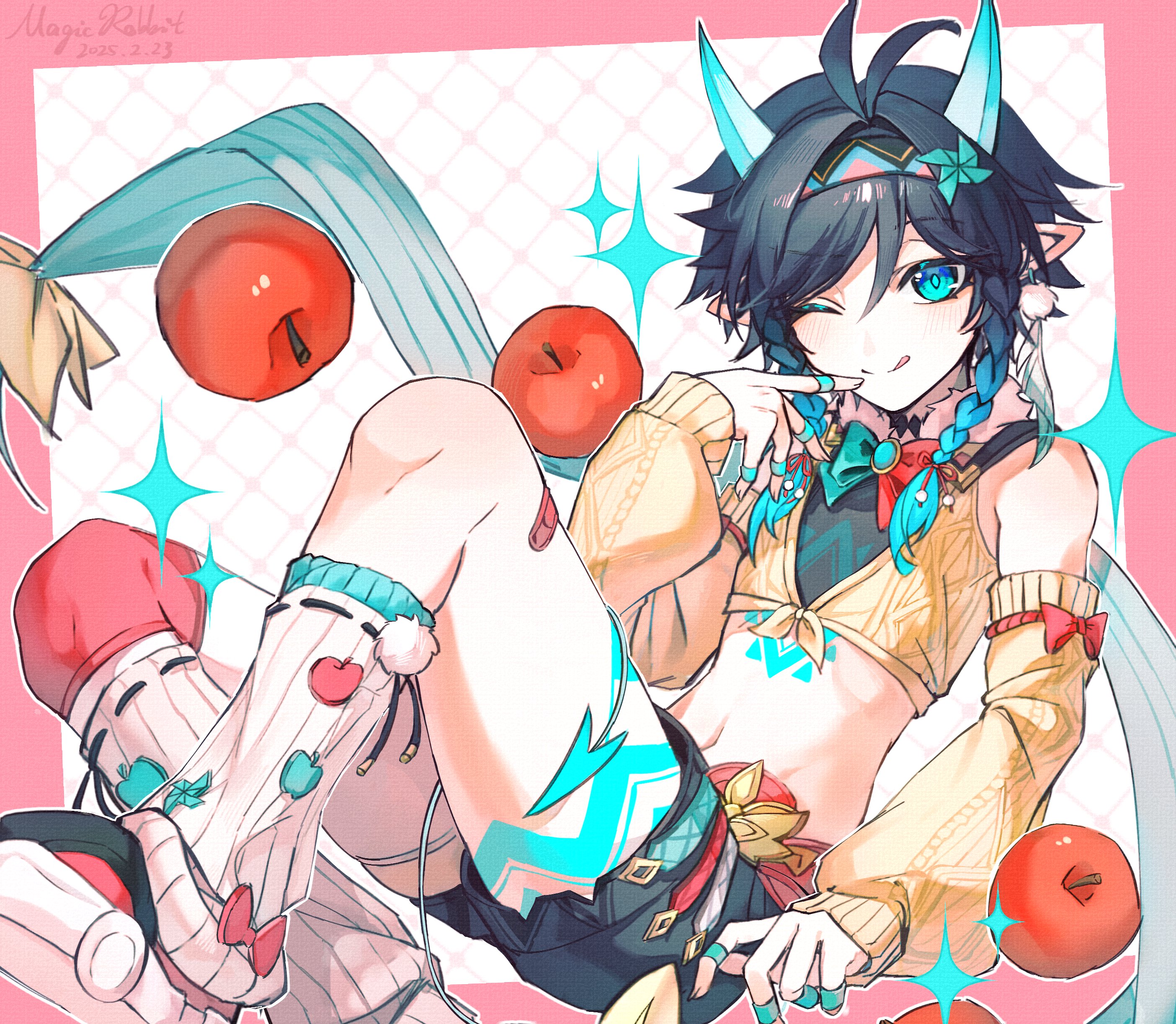 1boy :q absurdres apple aqua_eyes aqua_hair black_hair black_shorts braid chest_tattoo cosplay crop_top food fruit genshin_impact gradient_hair hair_ornament hairband highres horns long_sleeves looking_at_viewer male_focus multicolored_hair muxi297 one_eye_closed shorts smile solo tattoo thighhighs tongue tongue_out trap twin_braids varesa_(genshin_impact) varesa_(genshin_impact)_(cosplay) venti_(genshin_impact) white_thighhighs yellow_sleeves