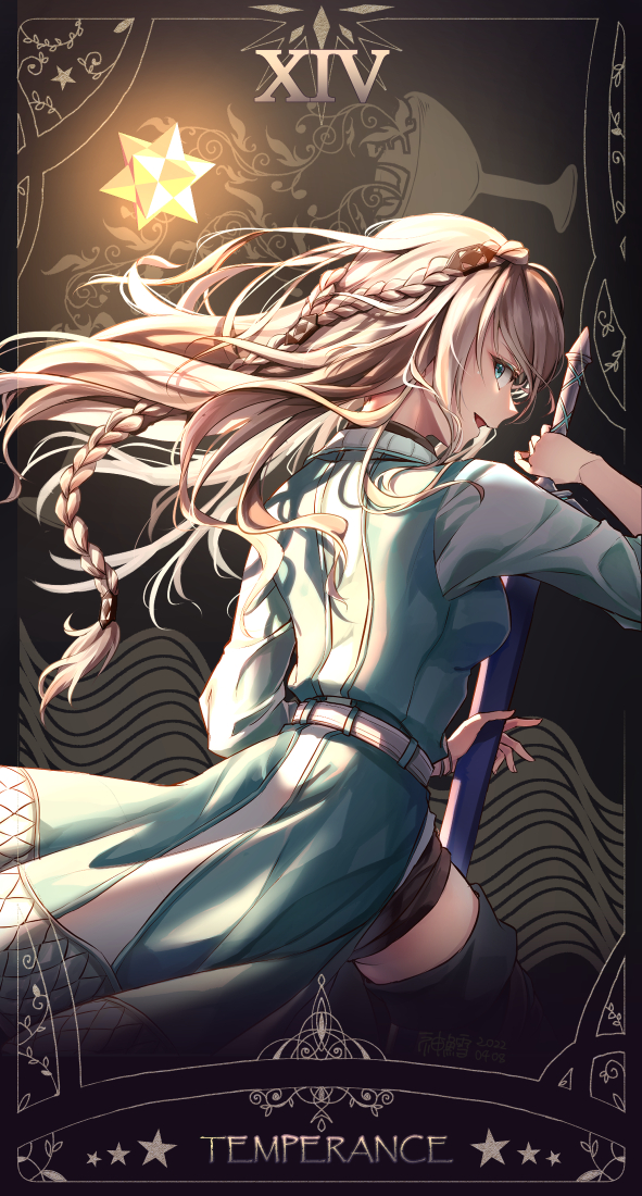 1girl from_behind belt black_thighhighs braid card card_(medium) coat cup eiyuu_densetsu elaine_auclair green_coat green_eyes holding holding_sword holding_weapon kuro_no_kiseki_(series) kuro_no_kiseki_i long_hair sheath sheathed shorts sword tarot tarot_(medium) temperance_(tarot) thighhighs weapon willfin