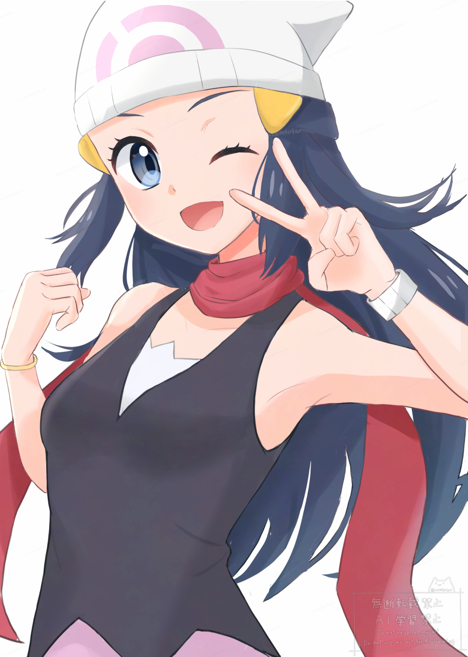 1girl aoneko4ao_(edwf7745) beanie black_shirt blue_eyes blue_hair bracelet commentary_request dawn_(pokemon) hat highres jewelry long_hair nintendo one_eye_closed pink_skirt pokemon pokemon_dppt red_scarf scarf shirt skirt smile solo v watermark white_background