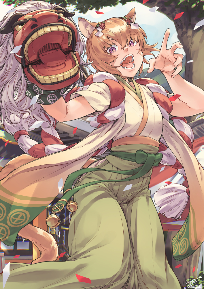 1girl animal_ears bell bracelet braid cat cat_ears cat_girl cat_tail commentary_request facepaint facial_mark fang fire_emblem fire_emblem:_path_of_radiance fire_emblem_heroes hair_ornament hakama hakama_skirt hand_puppet japanese_clothes jelly_shrimp jewelry kimono lethe_(fire_emblem) lethe_(new_year)_(fire_emblem) nintendo official_alternate_costume open_mouth orange_hair orange_tail puppet purple_eyes skirt solo tail