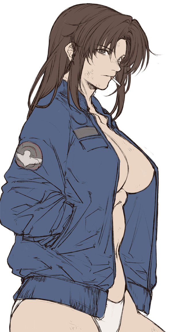 1girl black_lagoon blue_jacket bomber_jacket breasts brown_eyes brown_hair cigarette dirty dirty_face hands_in_pockets jacket large_breasts long_hair messy_hair no_pants open_clothes open_jacket panties revy_(black_lagoon) underwear white_panties yasunososaku