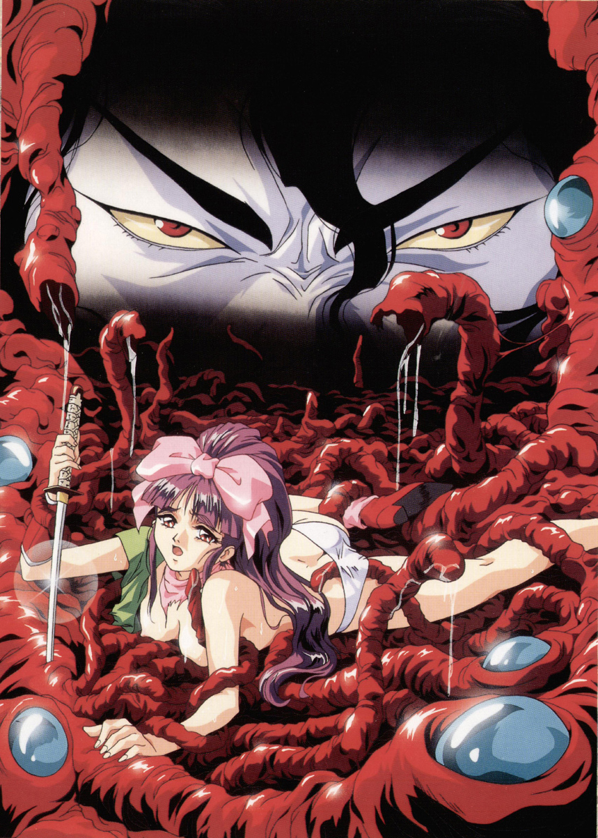 1990s_(style) 1boy 1girl bow hair_between_eyes hair_bow high_ponytail highres holding holding_sword holding_weapon injuu_gakuen_la_blue_girl long_hair midou_miko nipples official_art open_mouth panties ponytail purple_eyes purple_hair red_eyes retro_artstyle rin-sin scan sword tentacles topless_female underwear weapon white_panties