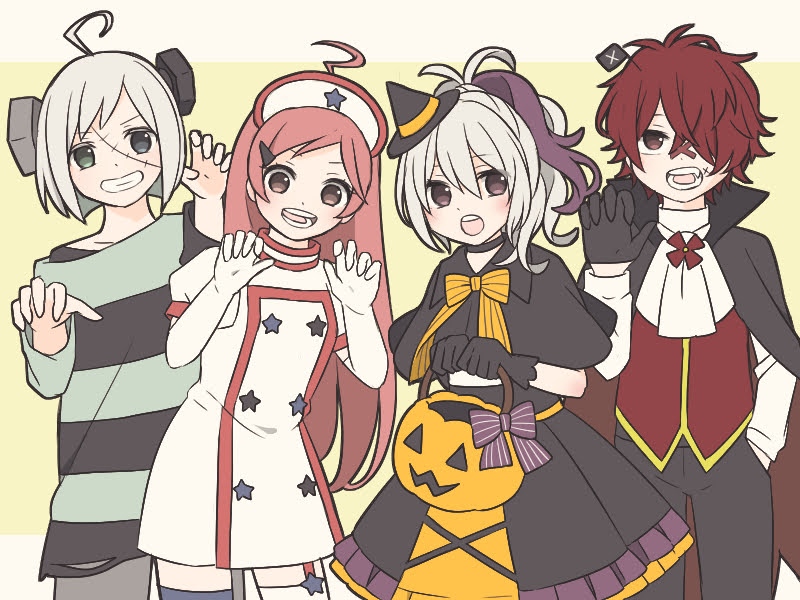 2boys 2girls :d ahoge androgynous aqua_eyes aqua_shirt asymmetrical_legwear bandaid bandaid_on_face bandaid_on_nose black_capelet black_dress black_gloves black_pants black_shirt blue_thighhighs border bow brown_eyes buttons capelet capelet_bow commentary_request cowboy_shot double-breasted dress fang flower_(vocaloid) flower_(vocaloid3) fukase garter_straps gloves green_background green_eyes grin hair_ornament hair_over_one_eye hairclip halloween halloween_bucket halloween_costume hand_in_pocket hat heterochromia high_ponytail long_hair looking_at_viewer looking_to_the_side mismatched_legwear multicolored_dress multiple_boys multiple_girls nurse object_through_head open_mouth orange_bow orange_dress pants ponytail purple_bow purple_eyes purple_streaks purple_trim red_eyes red_hair red_vest screw_in_head sf-a2_miki shirt single_garter_strap skc smile star_(symbol) stitched_face stitches striped_clothes striped_shirt thighhighs utatane_piko vampire_costume vest vocaloid white_border white_gloves white_hair white_thighhighs witch witch_hat