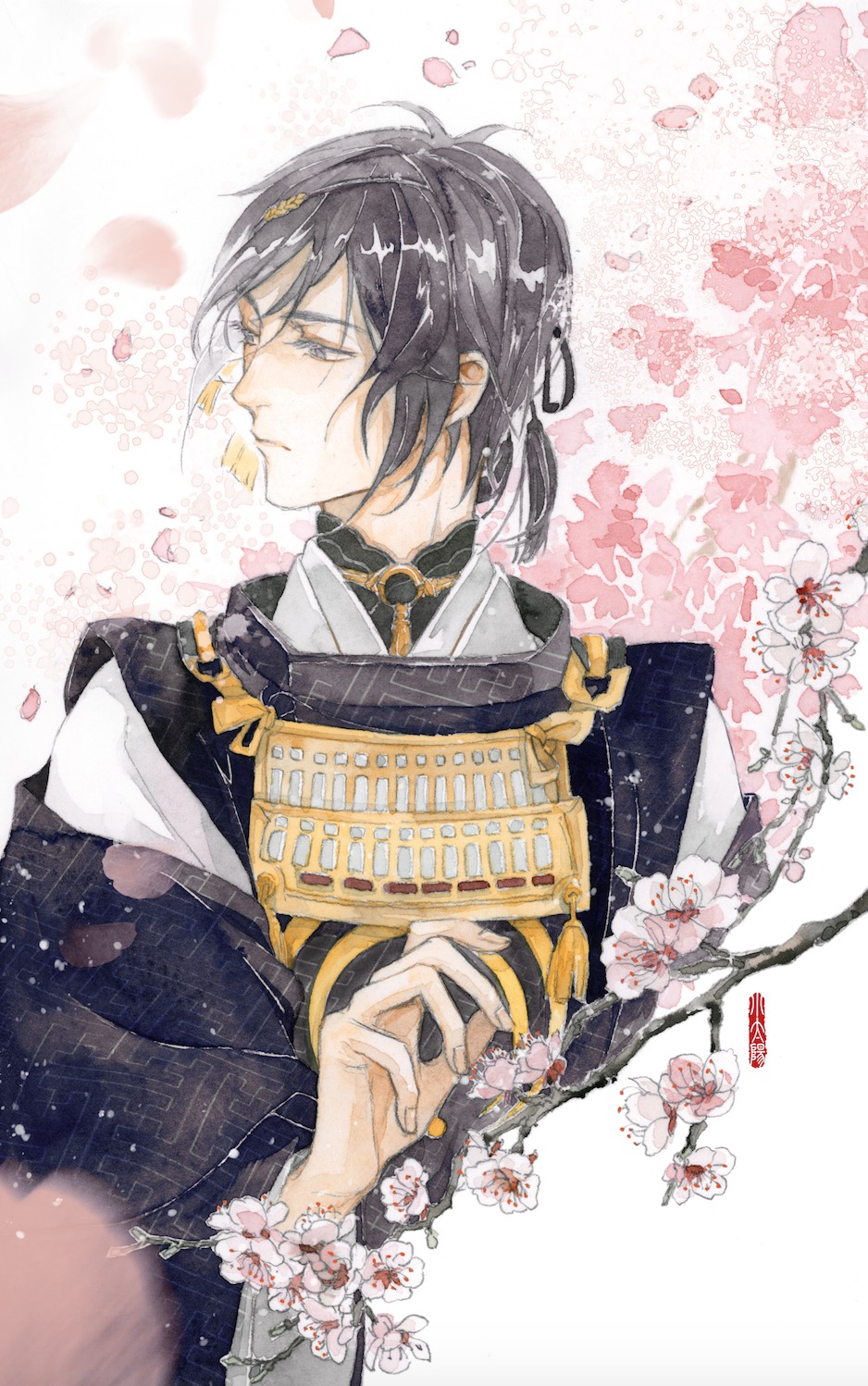 1boy armor black_hair blue_eyes branch cherry_blossoms falling_petals flower grey_eyes hair_ornament highres japanese_armor japanese_clothes kariginu male_focus mikazuki_munechika painting_(medium) petals sayagata solo tai3_3 tassel touken_ranbu traditional_media upper_body watercolor_(medium)