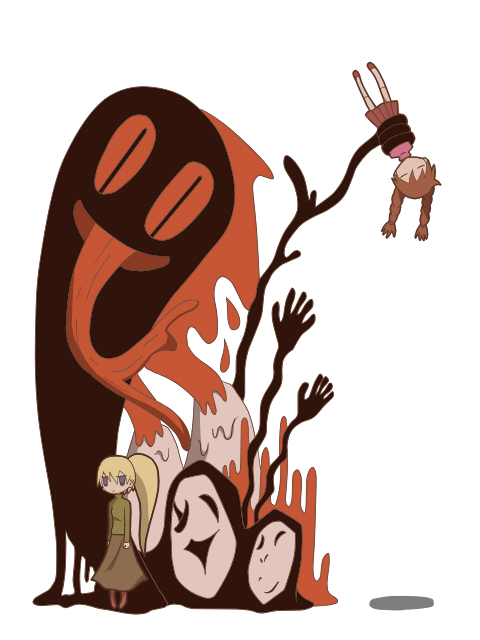 bbdd_(artist) blonde_hair braid brown_hair creature madotsuki neku_(bbdd) poniko skirt twin_braids uboa upside-down yume_nikki