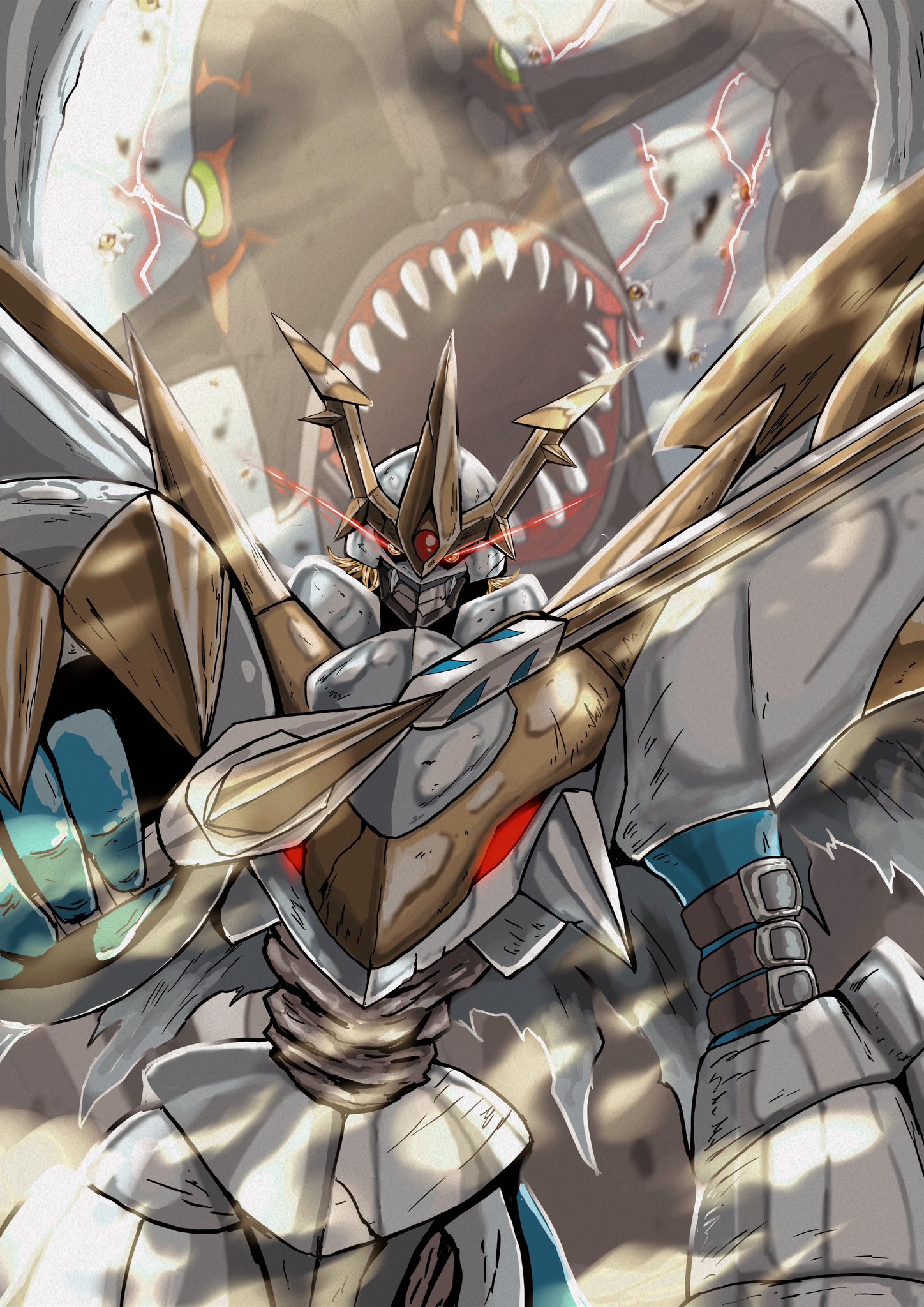 armagemon armor belt digimon digimon_(creature) fusion highres imperialdramon imperialdramon_paladin_mode looking_at_another monster sharp_teeth teeth