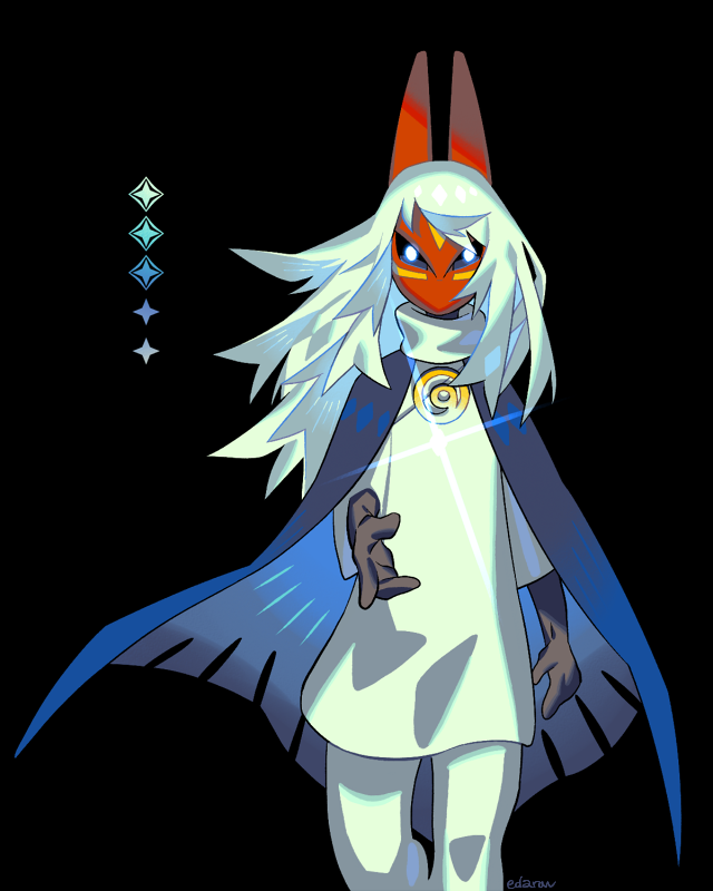 1other black_background black_skin blue_cape blue_eyes cape colored_skin commentary edarow english_commentary fox_mask glowing glowing_eyes long_hair looking_at_viewer mask reaching reaching_towards_viewer simple_background sky:_children_of_the_light sky_child very_long_hair white_hair
