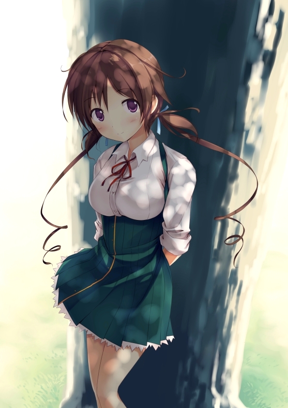 10s 1girl aomi_isara blush breasts brown_hair dappled_sunlight female_focus hair_ribbon koi_to_senkyo_to_chocolate long_hair purple_eyes ribbon school_uniform sleeves_rolled_up smile solo sunlight tree twintails yazuki_mitsuka