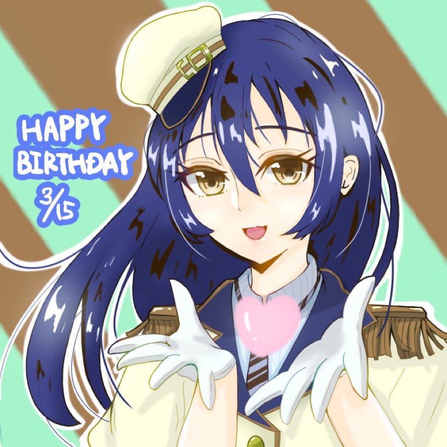1girl artist_name artist_request black_necktie blue_hair blush bow breasts brown_bow brown_eyes close-up collared_shirt dated dress dress_shirt epaulettes female_focus floating_hair flower food food-themed_clothes food-themed_ornament fruit gem gloves hair_between_eyes hat heart heart_(symbol) light_brown_jacket long_hair looking_at_viewer love_live! love_live!_school_idol_festival love_live!_school_idol_project mini_hat necktie orange_(fruit) orange_slice parted_lips peaked_cap pearl_(gemstone) puffy_short_sleeves puffy_sleeves red_upholstery shirt short_sleeves smile solo sonoda_umi star_(symbol) star_print strawberry striped_necktie striped_neckwear upper_body visor_cap visored_cap wavy_hair white_gloves white_shirt yellow_eyes