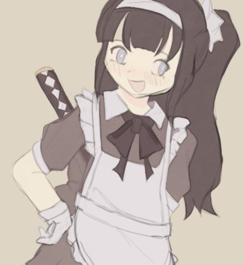 1girl apron aspersumcornu black_bow black_hair black_ribbon blue_eyes blush bow female_focus gloves hand_on_own_hip holy_jumonji_sword long_hair magadori_kyoshika maid maid_apron neck_ribbon open_mouth ponytail ribbon short_sleeves solo solo_focus the_hundred_line_-last_defense_academy- white_gloves