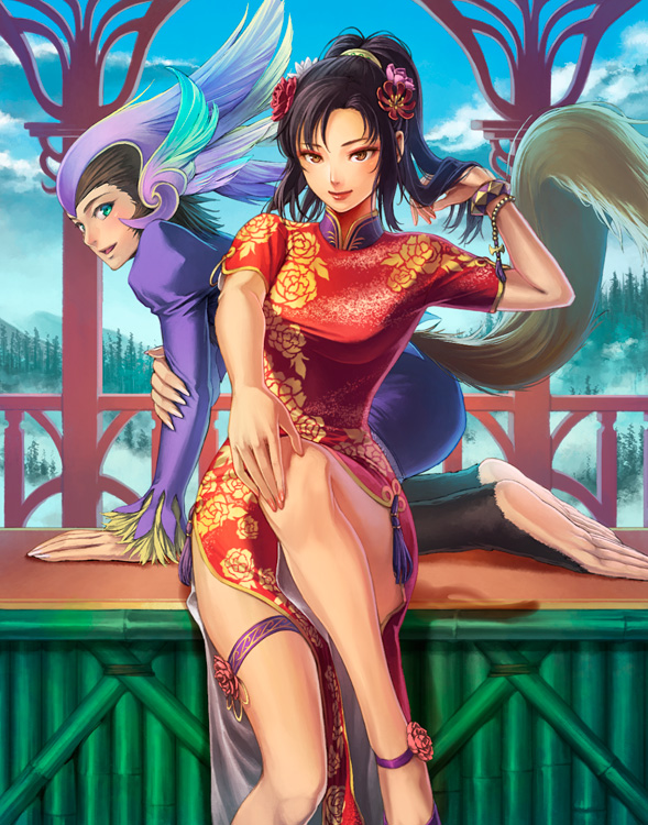 1boy 1girl breasts china_dress chinese_clothes closed_mouth commentary_request dress emperors_saga feet long_hair looking_at_viewer mei_ling monster_boy official_art open_mouth riki_(saga) saga saga_frontier smile tail tamaki_g_(artist) tree