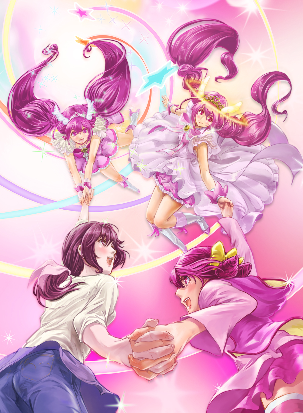 10s 4girls antenna_hair choker cure_happy cure_happy_(princess_form) dress goru_(cure_golgom) hair_ribbon highres hoshizora_ikuyo hoshizora_miyuki jewelry long_hair magical_girl mature_female mother_and_daughter multiple_girls multiple_persona pink_dress pink_eyes pink_hair pink_skirt pink_theme ponytail precure princess_form_(smile_precure!) ribbon short_hair skirt smile_precure! star_(symbol) tiara twintails very_long_hair wrist_cuffs