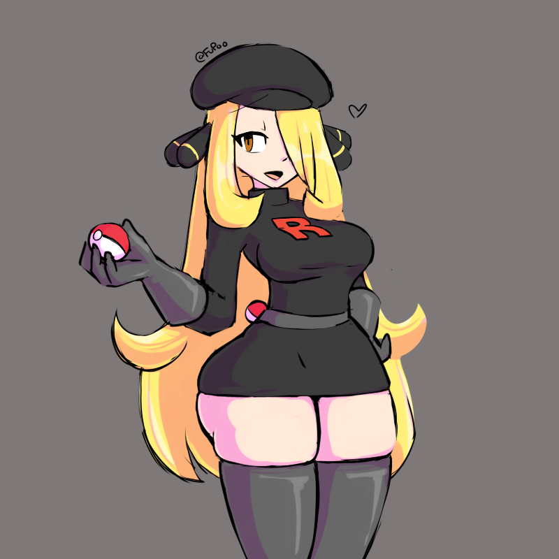 1girl artist_name belt black_dress black_hat blonde_hair breasts cabbie_hat corruption cosplay cowboy_shot cynthia_(pokemon) dark_persona dress elbow_gloves eyelashes female_focus fupoo furrowed_brow gloves grey_background grey_belt grey_gloves grey_thighhighs hair_ornament hair_over_one_eye half-closed_eye hand_on_own_hip hand_up hat heart high_collar impossible_clothes impossible_dress legs_together long_hair long_sleeves looking_away medium_breasts nintendo open_mouth orange_eyes poke_ball poke_ball_(basic) pokemon pokemon_dppt pokemon_frlg short_dress simple_background skindentation solo standing taut_clothes team_rocket team_rocket_grunt team_rocket_grunt_(cosplay) team_rocket_uniform thick_thighs thighhighs thighs tight_clothes twitter_username very_long_hair wide_hips zettai_ryouiki