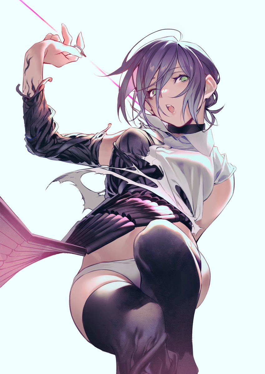 1girl apron chainsaw_man choker collared_shirt from_below green_eyes grenade_pin highres hiro_(hirohiro_gorira) knee_up knees_up looking_at_viewer panties purple_hair reze_(chainsaw_man) shirt short_hair simple_background torn_clothes underwear white_shirt