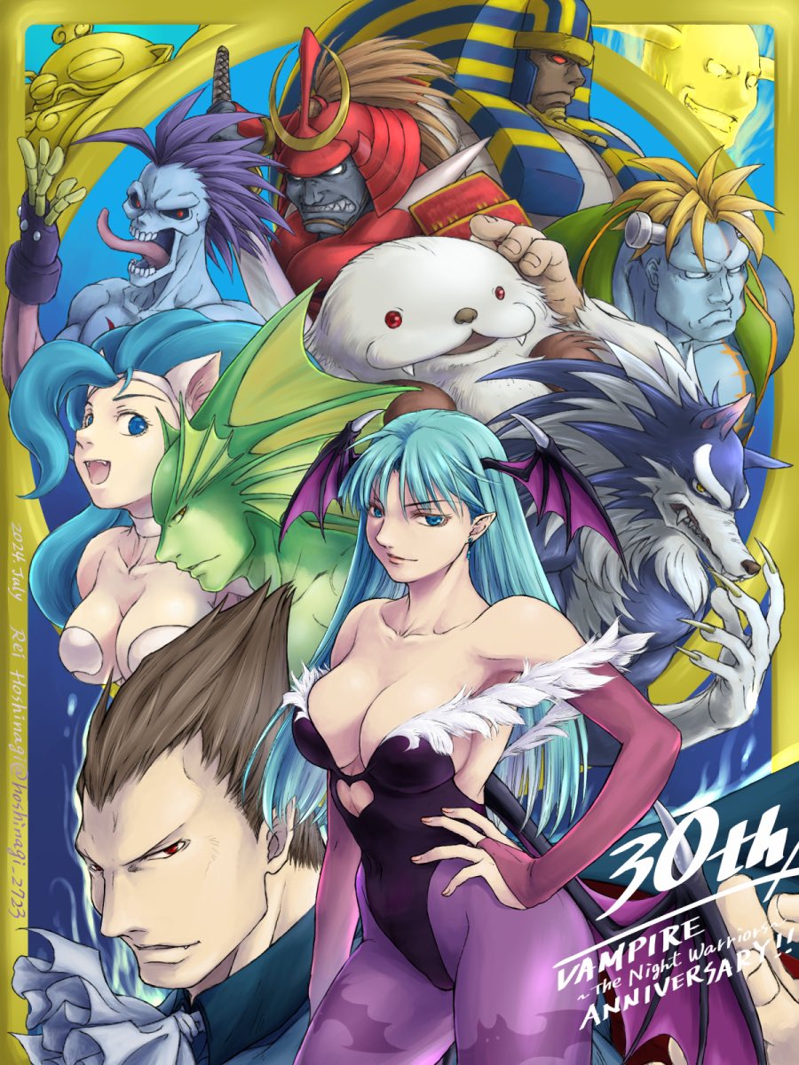 2girls 30th_anniversary 6+boys anakaris animal_ears animal_print rikuo_(darkstalkers) bare_shoulders bat_print bishamon_(darkstalkers) black_leotard blue_eyes blue_hair breasts bridal_gauntlets capcom cat_ears cat_tail cleavage clothing_cutout collarbone demon_girl dimitri_maximoff felicia_(darkstalkers) jon_talbain green_eyes green_hair head_wings heart_cutout highres large_breasts leotard long_hair morrigan_aensland multiple_boys multiple_girls pantyhose purple_pantyhose pyron sasquatch_(darkstalkers) tail darkstalkers victor_von_gerdenheim wings lord_raptor