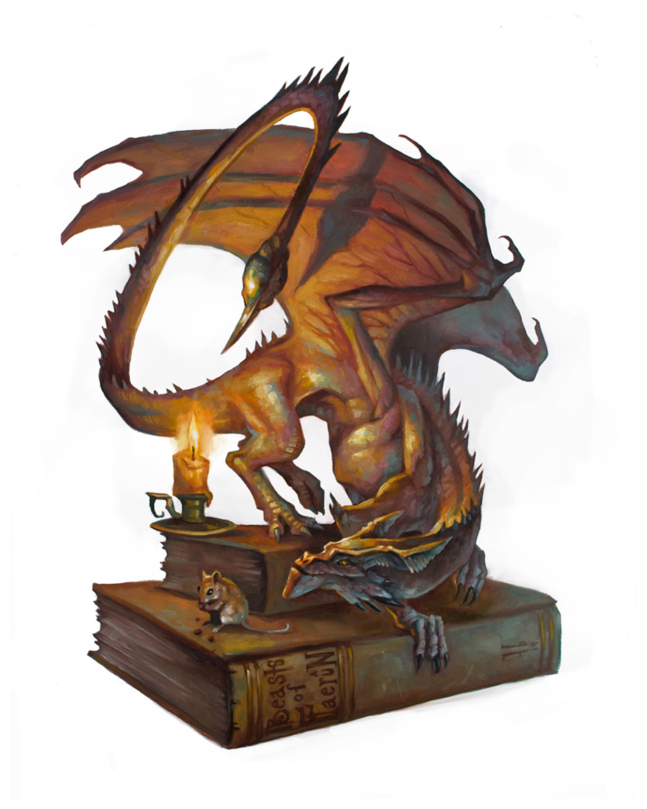 animal_focus book candle claws commentary dragon dungeons_&amp;_dragons english_commentary full_body horns minimized monster mouse_(animal) no_humans official_art oil_painting_(medium) painting_(medium) pseudodragon scales simple_background small_dragon tail tom_babbey traditional_media western_dragon white_background wings yellow_eyes