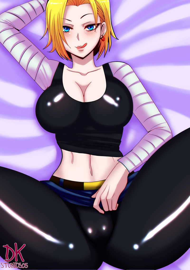 1girl android_18 blonde_hair blush breasts cleavage dkstudios05 dragon_ball female_focus large_breasts looking_at_viewer lying on_back pantyhose patreon short_hair solo spread_legs