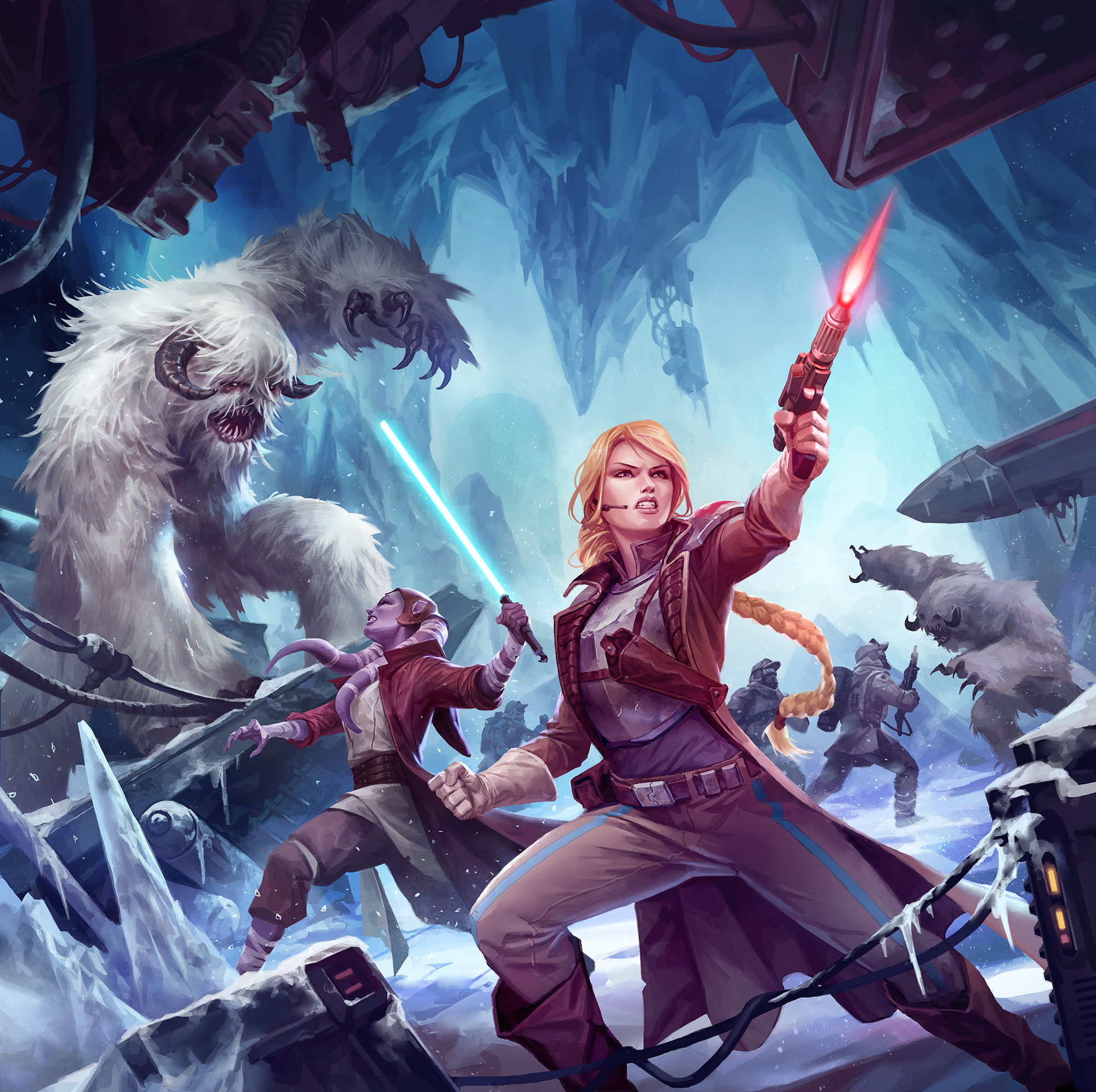 2girls 2others 3boys alien belt blonde_hair blue_lightsaber brown_jacket cave_interior clenched_hand clenched_teeth colored_skin earpiece energy_sword fighting gloves gun highres holding holding_gun holding_sword holding_weapon holster jacket lightsaber long_hair long_jacket michalivan monster multiple_boys multiple_girls multiple_others pants purple_skin red_jacket shoulder_holster snow star_wars sword teeth twi'lek very_long_hair wampa weapon white_gloves white_pants