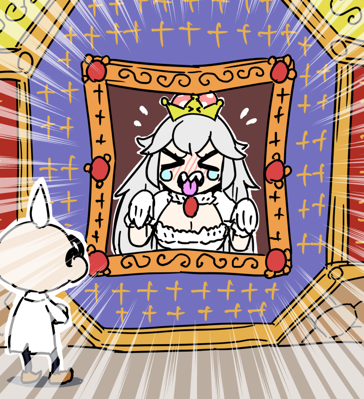 &gt;_&lt; 1boy 1girl blush breasts cleavage cring dress emphasis_lines flying_sweatdrops full_body glasses gloves grey_hair lab_coat long_hair luigi&#039;s_mansion mario_(series) nintendo outline pale_skin portrait princess_king_boo professor_elvin_gadd sharp_teeth standing super_crown teeth tokkyuu_mikan tongue tongue_out white_dress white_gloves white_hair white_outline