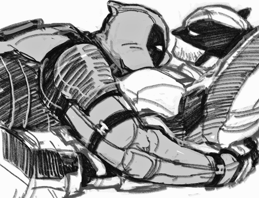 2boys bara between_pecs between_pectorals closed_mouth commentary_request deadpool deadpool_&amp;_wolverine deadpool_(series) dishing facial_hair gloves greyscale head_between_pecs korean_commentary large_pectorals looking_at_another lying_on_person male_focus marvel marvel_cinematic_universe mask mature_male monochrome multiple_boys muscular muscular_male pectorals two-tone_bodysuit wolverine_(x-men) x-men yaoi