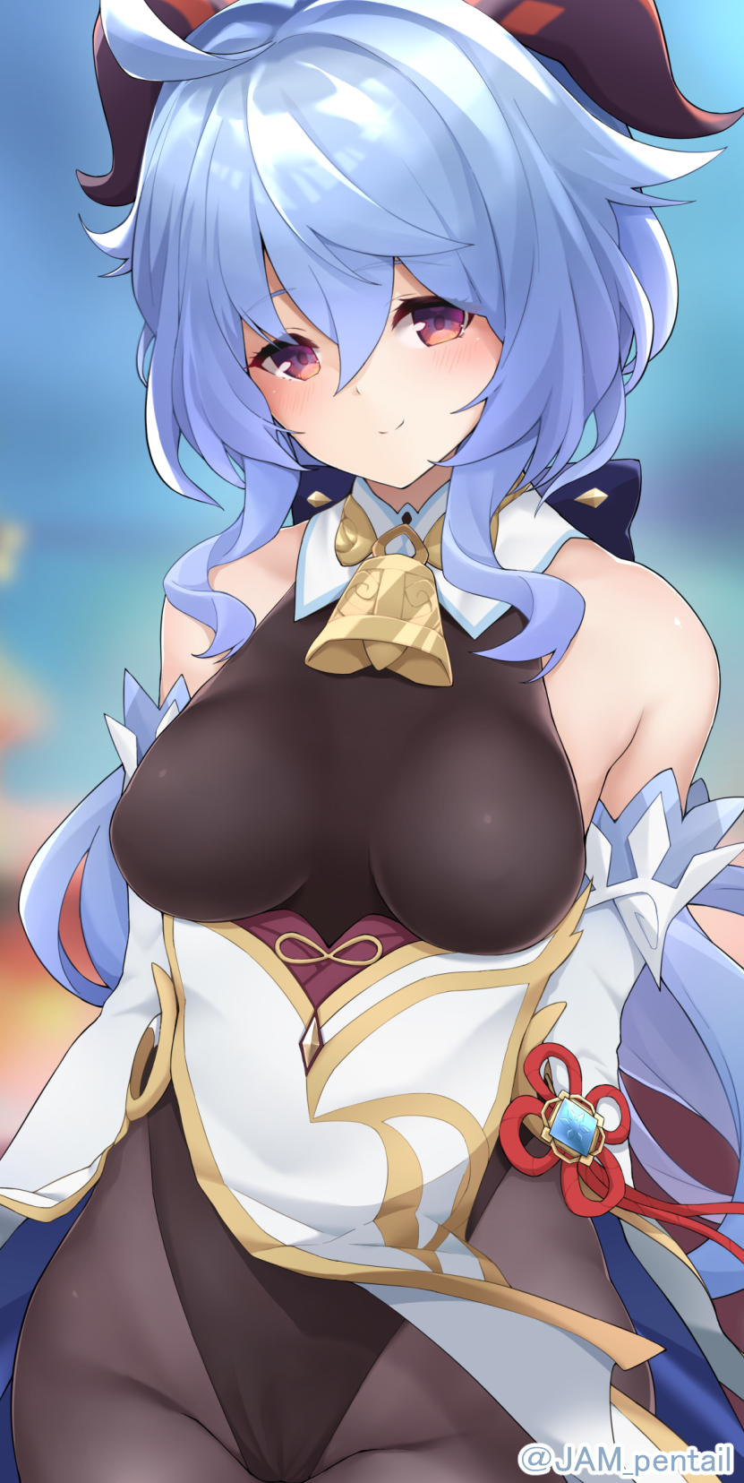 1girl ahoge arms_behind_back artist_name bare_shoulders bell black_leotard black_pantyhose blue_hair blush bodystocking bow breasts chinese_knot commentary_request detached_sleeves dress flower_knot ganyu_(genshin_impact) genshin_impact gold_trim groin highres horns jampen jewelry large_breasts leotard leotard_under_clothes long_hair looking_at_viewer neck_bell pantyhose purple_eyes revision sidelocks smile solo standing thighlet thighs twitter_username vision_(genshin_impact) white_dress white_sleeves