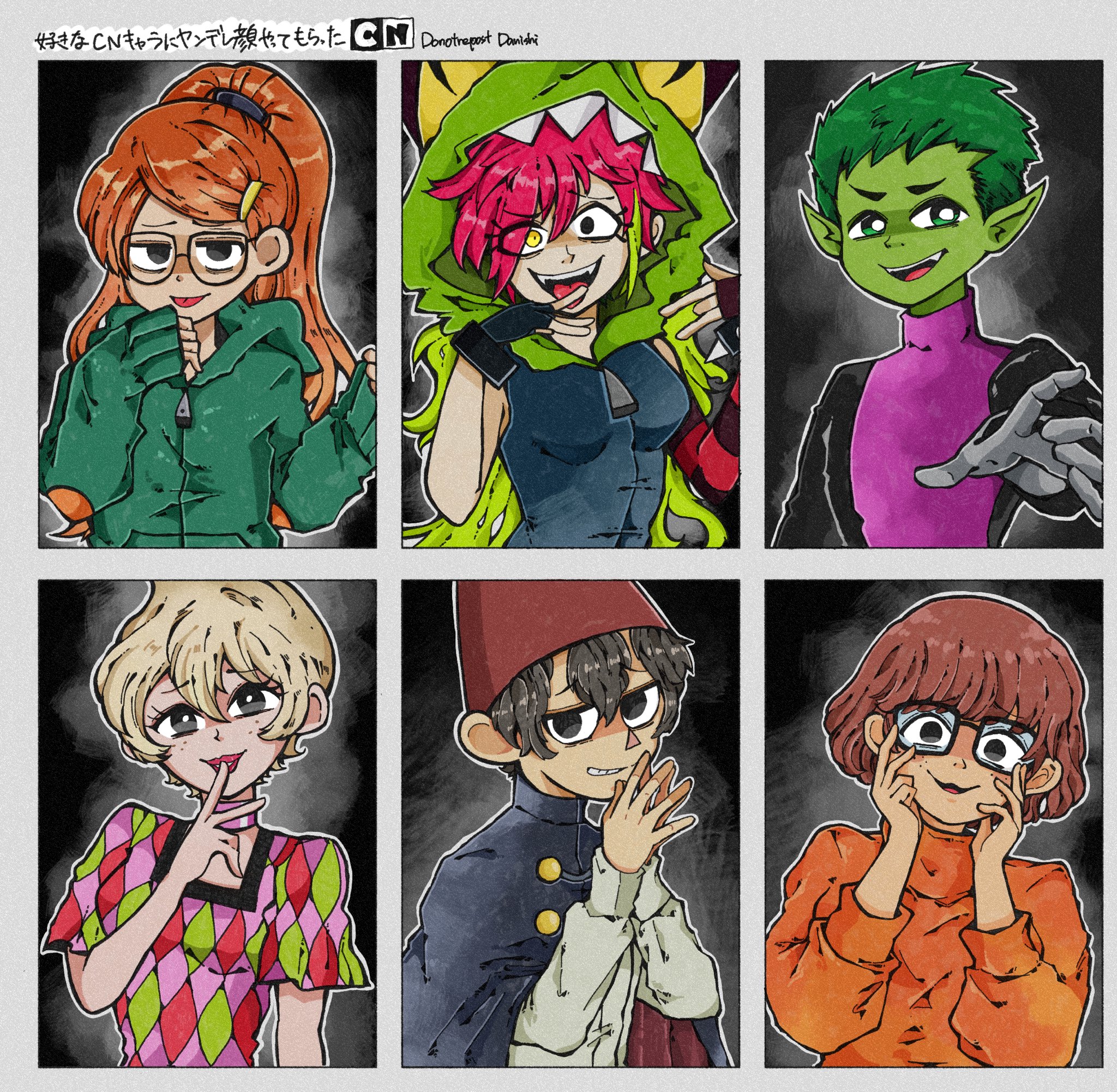 argyle_clothes argyle_shirt artist_name beast_boy_(dc) black_cloak black_eyes black_hair blonde_hair breasts brown_hair cartoon_network cloak collar colored_skin commentary crazy_eyes danishi dc_comics demencia english_commentary eyes_visible_through_hair fangs freckles gesugao glasses green_eyes green_hair green_hood green_hoodie green_skin grin hair_over_one_eye heterochromia highres hood hoodie ilana_(sym-bionic_titan) infinity_train logo long_hair long_sleeves medium_breasts multicolored_hair orange_hair orange_sweater over_the_garden_wall pink_collar ponytail red_hair red_lips scooby-doo short_hair signature sleeves_past_wrists small_breasts smile sweater sym-bionic_titan teen_titans tongue tongue_out translation_request tulip_olsen turtleneck turtleneck_sweater two-tone_hair velma_dinkley villainous wirt_(over_the_garden_wall) yellow_eyes