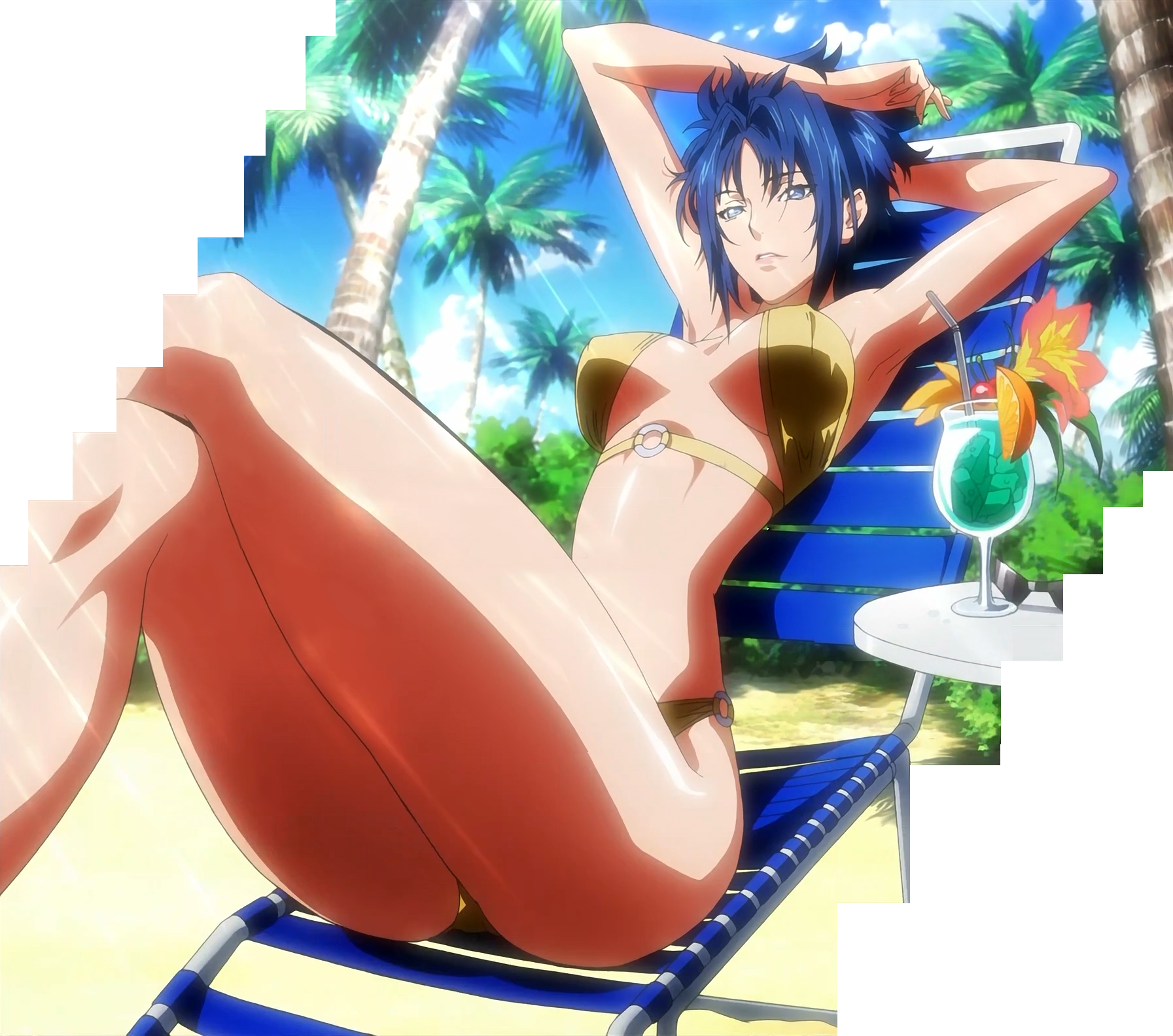 10s 1girl anime_screenshot armpits banpresto bikini blue_hair female_focus highres nishida_asako o-ring o-ring_top sitting solo stitched super_robot_wars super_robot_wars_og_the_inspector super_robot_wars_original_generation super_robot_wars_original_generation_2 swimsuit third-party_edit viletta_badam