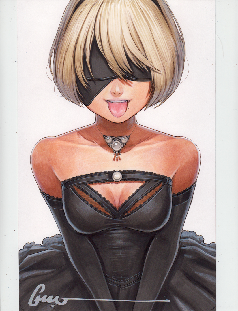 1girl 2b_(nier:automata) alternate_costume bare_shoulders black_dress black_hairband blindfold blonde_hair breasts cleavage covered_eyes dress hairband jewelry mole mole_under_mouth nier:automata nier_(series) omar_dogan short_hair smile solo tongue tongue_out traditional_media