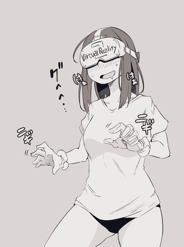 1girl blush drooling female_focus female_pervert gloves grey_background greyscale head-mounted_display implied_pornography monochrome no_pants original panties pervert polyurethane_(artist) shirt simple_background solo sweat t-shirt thighs underwear