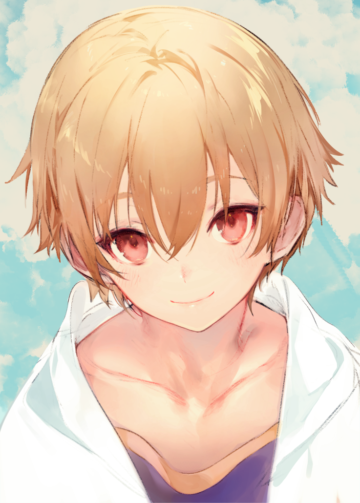 1boy aged_down blonde_hair blush child child_gilgamesh_(fate) collarbone commentary_request eyebrows_hidden_by_hair fate/grand_order fate_(series) gilgamesh_(fate) hair_between_eyes hood hood_down hooded_jacket jacket kodama_(wa-ka-me) light_blush looking_at_viewer male_focus open_clothes open_jacket purple_shirt red_eyes shirt short_hair smile solo upper_body white_jacket