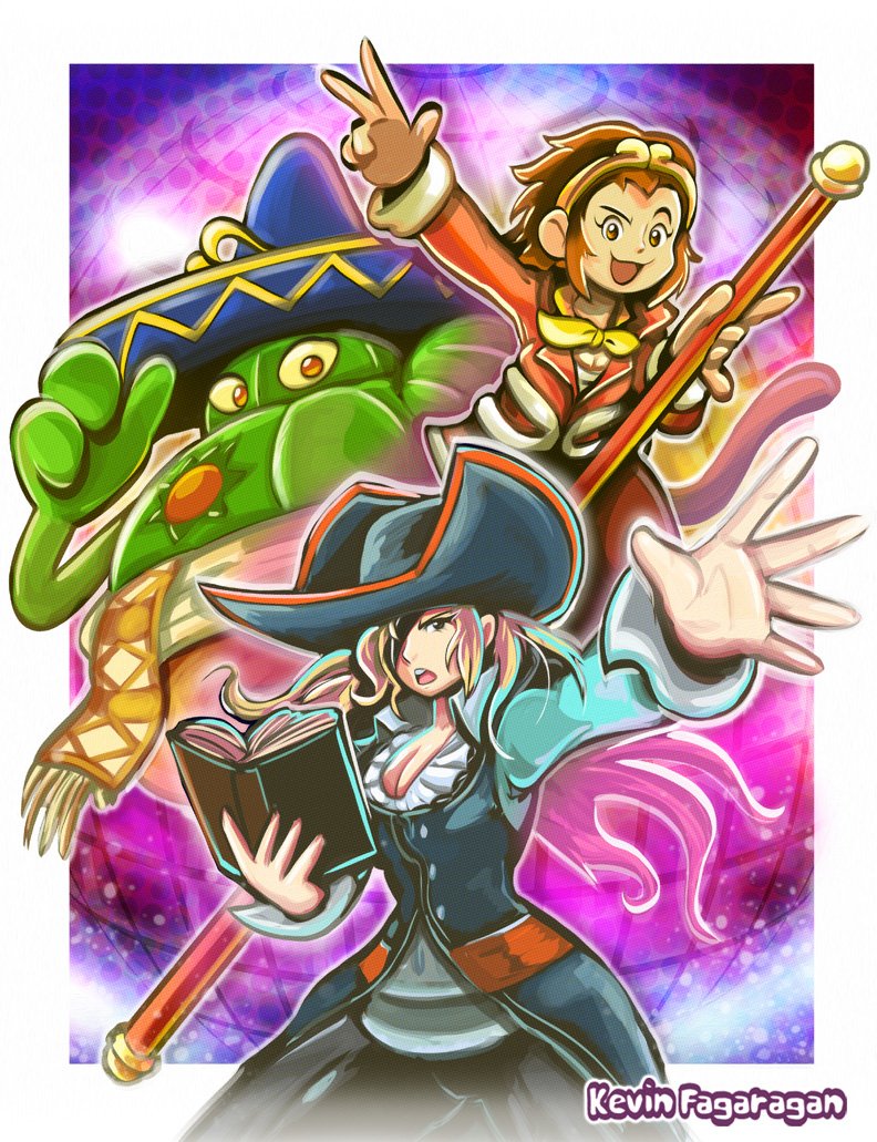 1boy 2girls amingo anchor animal_ears artist_name big_hair blonde_hair bo_staff book breasts brown_eyes brown_hair capcom cleavage eyepatch frilled_shirt_collar frills hat hat_over_eyes holding holding_anchor holding_book holding_staff holding_weapon kevin_fagaragan large_breasts long_hair long_sleeves mariachi marvel_vs._capcom marvel_vs._capcom_2 monkey_ears monkey_girl monkey_tail monster_boy multiple_girls pants pants_tucked_in pirate pirate_hat plant_boy ruby_heart short_hair smile sombrero sonson staff tail tricorne weapon
