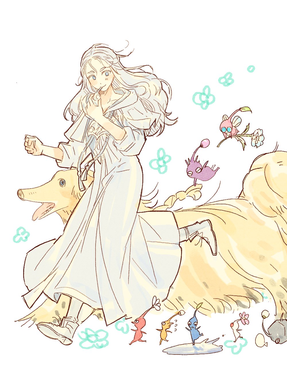 1girl afghan_hound argos_(ff14) blue_eyes capelet character_request clenched_hand creature dog drawstring final_fantasy final_fantasy_xiv flower_symbol full_body highres holding holding_whistle long_hair mask mask_around_neck nintendo pikmin_(creature) pikmin_(series) robe running shrimp_sandwich simple_background sophist&#039;s_robe_(ff14) tassel unworn_mask venat_(ff14) whistle white_background white_capelet white_footwear white_hair white_robe