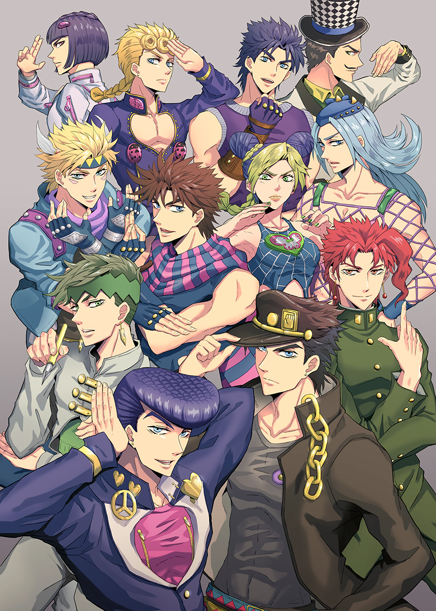 adjusting_hair black_hair blonde_hair blue_eyes blue_hair bob_cut braid bruno_bucciarati caesar_anthonio_zeppeli chain clenched_hand collarbone double_bun earrings facial_hair fingerless_gloves gakuran giorno_giovanna gloves green_eyes green_hair green_nails grin hair_bun hair_ornament hair_tie hairclip hand_on_own_hip hat hat_tip headband heart higashikata_josuke highres horns hoshimiku jacket jewelry jojo_no_kimyou_na_bouken jojo_pose jonathan_joestar joseph_joestar joseph_joestar_(young) kakyoin_noriaki kishibe_rohan kuujou_jolyne kuujou_joutarou lips long_hair multicolored_hair mustache nail_polish narciso_anasui open_mouth peace_symbol pen pin pink_eyes pompadour purple_hair salute scarf school_uniform single_braid smile striped_clothes striped_scarf top_hat two-tone_hair vento_aureo will_anthonio_zeppeli winged_hair_ornament zipper