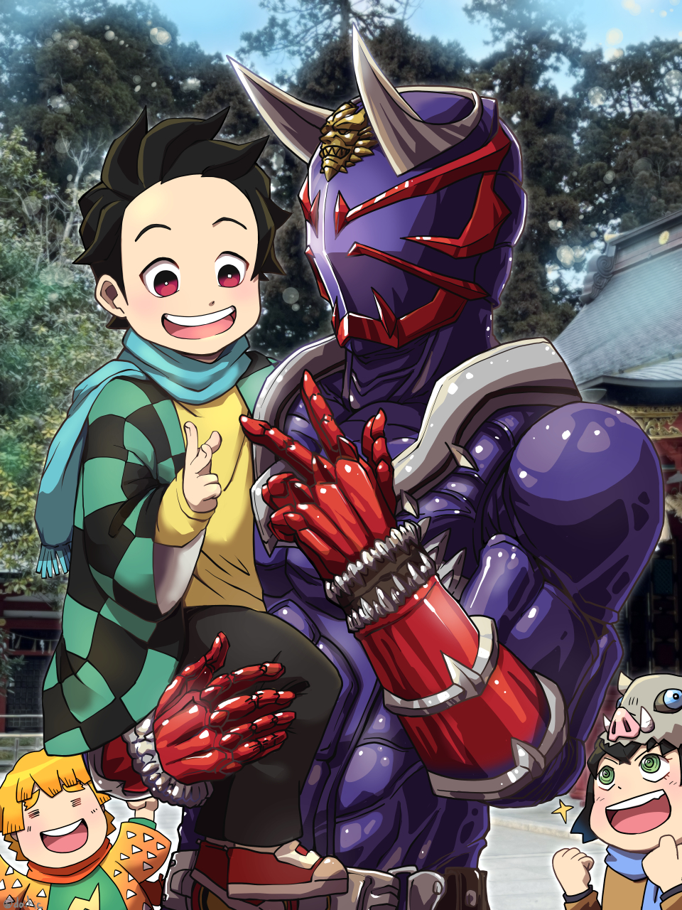 4boys agatsuma_zenitsu child colored_skin hashibira_inosuke highres kamado_tanjirou kamen_rider kamen_rider_hibiki kamen_rider_hibiki_(series) kimetsu_no_yaiba mayamaxxxx multiple_boys muscular oni outdoors purple_skin red_eyes smile tokusatsu upper_body