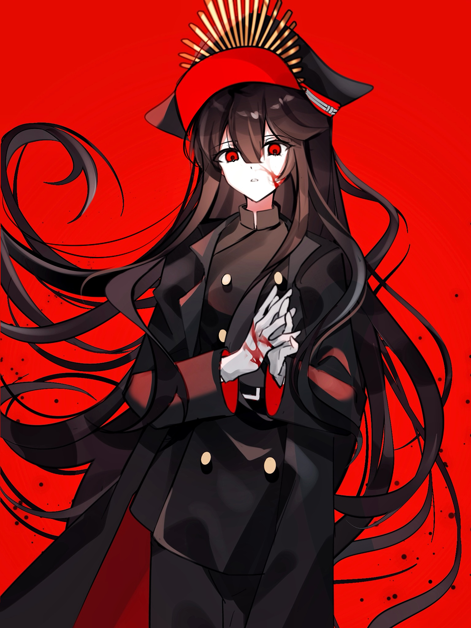 1girl black_coat black_hair black_hat black_jacket black_pants blood blood_on_face blood_on_hands buttons coat fate/grand_order fate_(series) hat highres jacket long_hair long_sleeves looking_at_viewer oda_nobunaga_(fate) oda_nobunaga_(koha-ace) oda_uri open_clothes open_coat pants peaked_cap red_background red_eyes simple_background solo xixing_chun