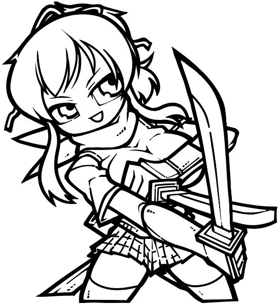 1girl :d asuka_(senran_kagura) breasts cropped_legs dual_wielding hair_ribbon holding holding_sword holding_weapon katana large_breasts lineart long_hair miniskirt monochrome name_omoitukan2 open_mouth pleated_skirt ponytail ribbon scarf senran_kagura sheath short_sleeves skirt smile solo sweater_vest sword thick_lineart thighhighs weapon zettai_ryouiki