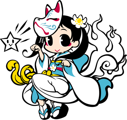 1girl artist_request black_eyes black_hair check_artist flower fox_mask full_body hair_flower hair_ornament japanese_clothes kimono looking_at_viewer lowres mask mask_on_head okobo ooyari_ashito platform_sandals sandals smile solo star_(symbol) tabi tenco_(company) transparent_background twintails white_kimono
