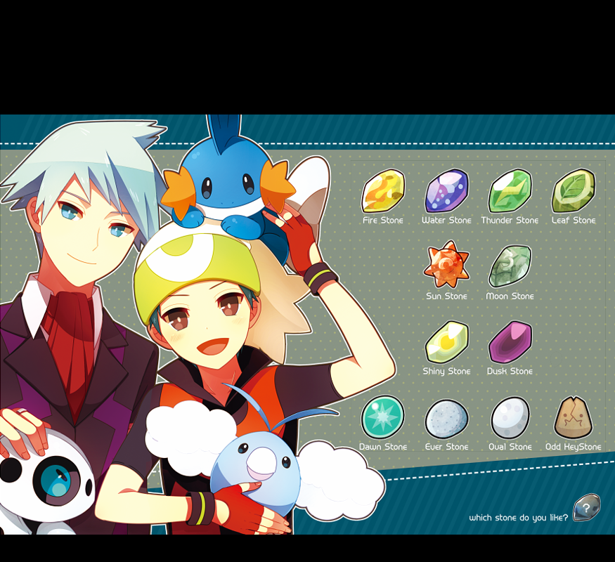 2boys aron ascot blue_eyes blue_hair brendan_(pokemon) brown_eyes dawn_stone dusk_stone english_text everstone evolution_stone evolutionary_stone fingerless_gloves fire_stone game_freak gen_3_pokemon gloves hat himari_g_(sr) holding holding_pokemon leaf_stone moon_stone mudkip multiple_boys nintendo on_head open_mouth pokemon pokemon_(creature) pokemon_on_head pokemon_rse red_ascot red_gloves shiny_stone_(pokemon) steven_stone sun_stone sun_stone_(pokemon) swablu thunder_stone water_stone white_hat