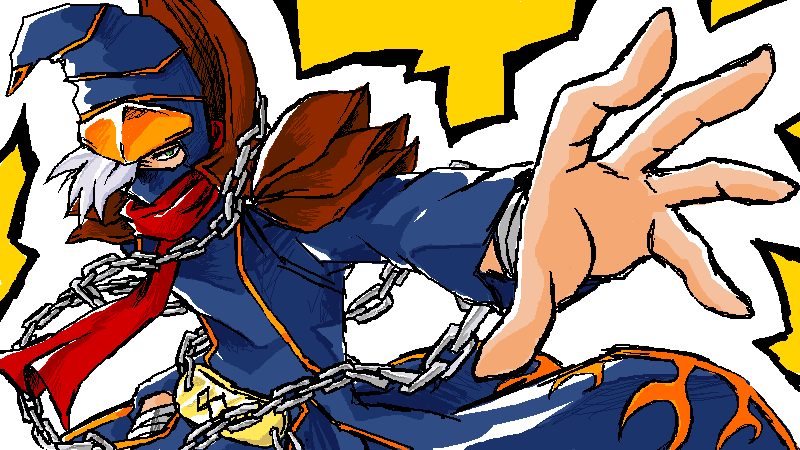 1boy blue_hat blue_robe chain duel_monster facing_to_the_side flame_print food_print fruit_print gagaga_magician green_eyes hair_over_one_eye handa_(sion621) hat looking_at_viewer open_hand orange_print outstretched_arm red_scarf robe scarf shoulder_pads white_background white_hair wizard_hat wristband yu-gi-oh! yu-gi-oh!_zexal