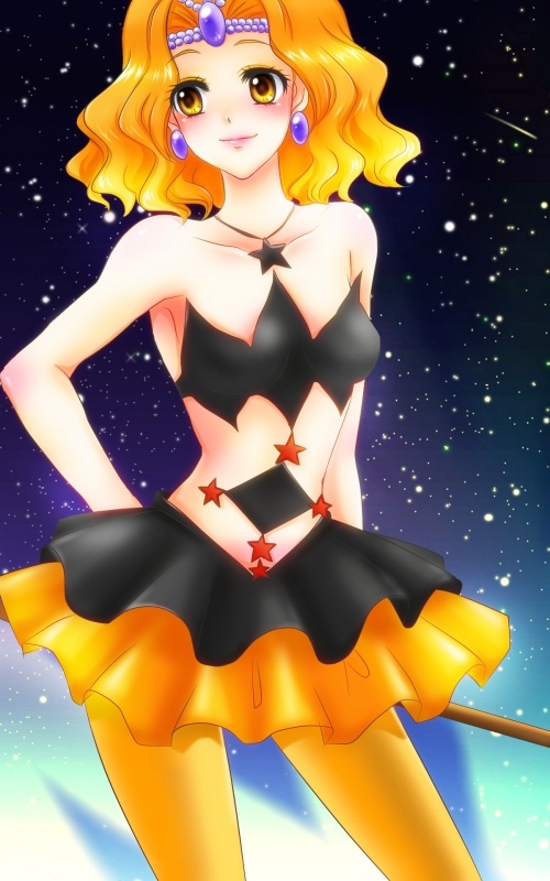 1990s_(style) 1girl bare_shoulders bishoujo_senshi_sailor_moon bishoujo_senshi_sailor_moon_s blush brown_eyes dress earrings female_focus hand_on_own_hip hip_focus jewelry kiraki lipstick makeup midriff mimete_(sailor_moon) necklace orange_hair orange_pantyhose orange_skirt pantyhose parted_bangs retro_artstyle short_hair skirt sky smile solo space star_(sky) star_(symbol) starry_sky tiara tutu wavy_hair witches_5