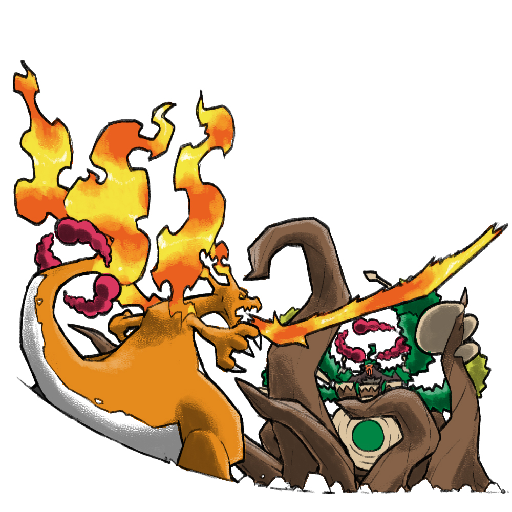 animal_focus blacknirrow charizard claws drumsticks fire flame-tipped_tail gen_1_pokemon gen_8_pokemon gigantamax gigantamax_charizard gigantamax_rillaboom holding holding_drumsticks nintendo no_humans open_mouth plant_roots pokemon pokemon_(creature) pokemon_focus red_clouds rillaboom simple_background standing white_background