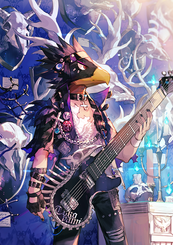 1boy alternate_costume animal_head animal_skeleton animal_skull antlers arm_at_side arm_belt beak belt belt_collar black_belt black_feathers black_gloves black_headband black_nails black_pants blue_fire blurry boku_no_hero_academia bone cable candle chain character_name cheek_piercing collar commentary crescent cross cross_fleury cross_patonce deer_head deer_skull depth_of_field electric_guitar feathers fingerless_gloves fingernails fire gloves greek_cross guitar hand_up headband holding holding_instrument horns instrument jacket latin_cross lens_flare light_particles looking_afar looking_ahead looking_to_the_side male_focus multiple_belts nail_polish note pants pentagram popped_collar punk purple_jacket red_eyes scorpion5050 shirt sidelighting single_fingerless_glove skeleton skull solo standing studded_pants studs tokoyami_fumikage torn_clothes torn_pants torn_shirt torn_sleeves trophy_head wallpaper_(object) white_shirt wing_print wristband