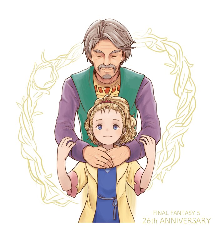 1boy 1girl blonde_hair blue_eyes closed_mouth commentary dress final_fantasy final_fantasy_v galuf_halm_baldesion grandfather_and_granddaughter hair_ornament krile_mayer_baldesion_(ff5) ma-hain-scarlet medium_hair ponytail simple_background smile white_background