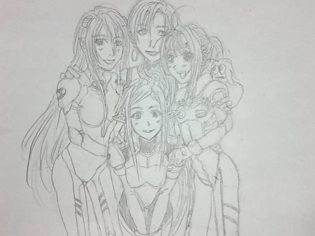 10s 1990s_(style) 4girls bodysuit breasts female_focus guvava jenius_emilia jenius_milia jenius_mirage jenius_mylene kokoa_(pixiv9097530) macross macross_7 macross_delta monochrome multiple_girls retro_artstyle sketch
