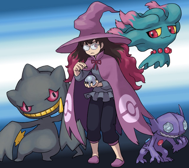1girl :3 banette black_hair black_pants brown_hair cape closed_mouth colored_sclera commentary_request full_body game_freak gem_eyes gen_2_pokemon gen_3_pokemon glasses grey_shirt grin hat hex_maniac_(pokemon) hex_maniac_(pokemon_rse) long_hair long_sleeves mijinko_(barabadge) misdreavus multicolored_hair nintendo official_style pants poke_ball_print pokemon pokemon_(creature) pokemon_oras pokemon_rse purple_cape purple_eyes purple_hat purple_shoes red_eyes red_hair sableye sharp_teeth shirt shoes smile standing teeth two-tone_hair witch_hat yellow_sclera