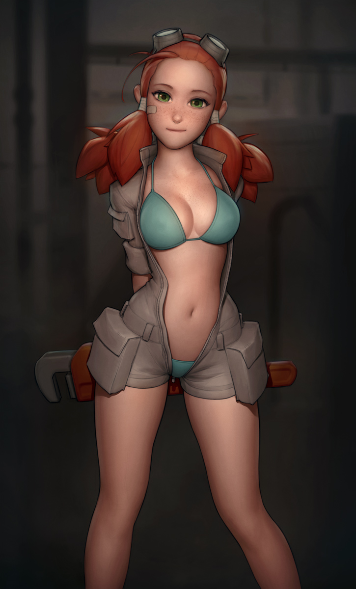 1girl arms_behind_back bandaid bandaid_on_face bare_legs bikini bikini_under_clothes blue_bikini blurry blurry_background borrowed_character breasts cowboy_shot dark_background female_focus forehead freckles full-length_zipper goggles goggles_on_head green_eyes head_tilt highres i0525 indoors legs_apart long_hair looking_at_viewer low_twintails mechanic medium_breasts navel nose open_clothes orange_hair original overalls pouch pursed_lips red_hair rivers_(chirutai) rivers_frye short_jumpsuit sleeves_rolled_up solo standing stomach swimsuit twintails unzipped wrench yuka_soemi zipper